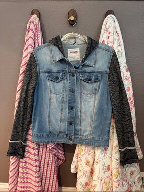 Mossimo Supply Co. Blue Denim Jacket with Charcoal Hooded Knit Sleeves
